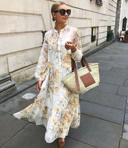 H&M Ivory White Yellow Chiffon Floral Long Sleeve Midi Maxi Dress size 12 14 40 - Picture 1 of 11