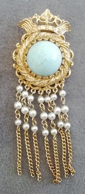 Broche Ancienne Style Art Deco - Métal Doré, Cabochon Verre Turquoise, Perles, Occasion
