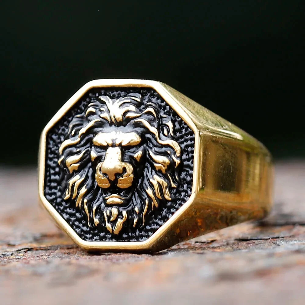 Mens Gold Plated Stainless Steel Lion Head of Judah Ring Men Size