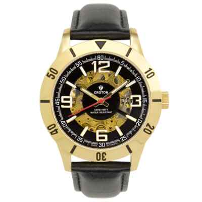 Croton Men's Goldtone All Stainless Steel Skeleton Automatic with Leather  Strap