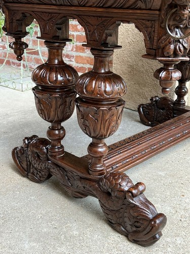 Antique French Carved Oak Dolphin Library Table Desk Renaissance Gothic 19th c - Picture 10 of 12