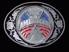 PROUD TO BE AN AMERICAN BELT BUCKLE WESTERN STYLE WITH FLAGS NEW
