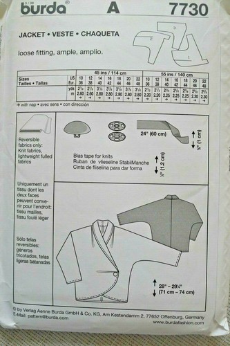Burda Pattern 7730 Misses Winter Coat, Jacket W/Batwings/Kimono Sleeves Sz 10-22 - Picture 2 of 2