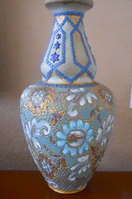 Ant. Royal Doulton Floral Design Light Blue Gold Signed & Numbered Vase 8'' Tall
