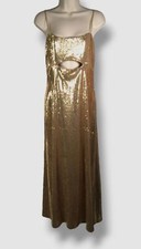 $496 Halston Women's Gold Metallic Sequin Ray Cutout Midi A-Line Dress Size 8