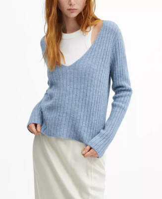 SOLOTRE 売れ筋商品|||ソロトレ ニット&セーター アウター レディース Sweaters Blue Mango Womens V-Neck Ribbed Knit Sweater - Blue, Size XXL | eBay