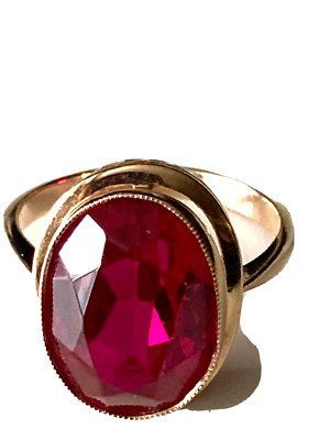 SOVIET RUSSIAN 583 14K  ROSE GOLD LAB  CREATED RUBY RING 6.8GR SIZE 8.25 USSR
