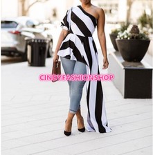 New Women Striped One Shoulder Short Sleeve Asymmetrical Hem Slim Tops Blouse #T