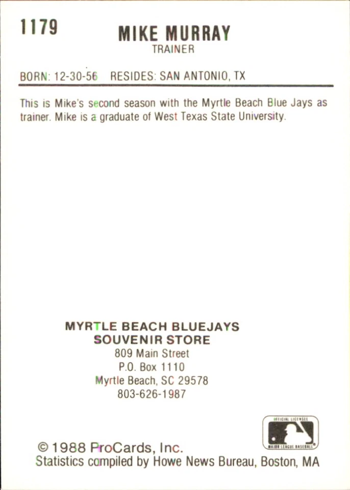 Mike Murray 1988 ProCards #1179 RC Myrtle Beach Blue Jays *AutographDen* - Image 2 of 2