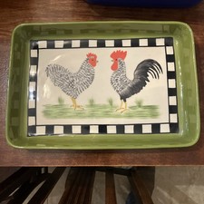 Green & Checker Board Ceramic Chicken Tray, Made In Mexico  - 15”  X  10.5”