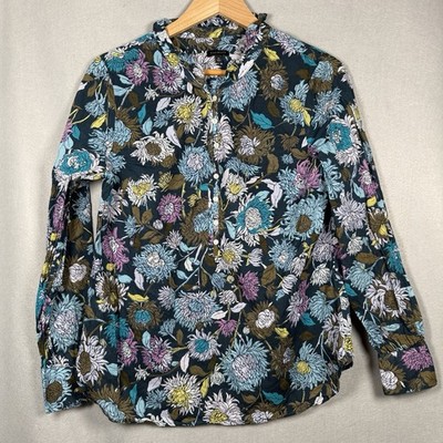 Talbots Dark Floral Blouse Top Boho Blue Green 100% Cotton Sz L
