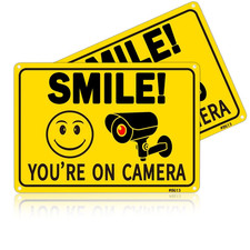 2 Pack Smile You'Re on Camera Signs Aluminum Video Surveillance Signs 10 X7 Inch