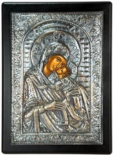 Greek Icon Madonna & Child 950 Silver Riza Byzantine - Excellent
