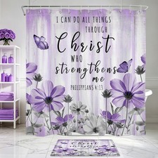 Inspirational Bible Verse Purple Floral Shower Curtain Bathroom Accessories Set