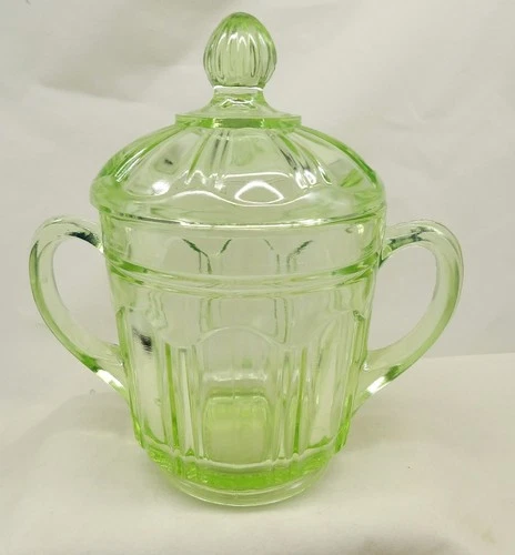 URANIUM DEPRESSION GLASS Anchor Hocking Colonial Sugar Bowl with lid GREEN 1930