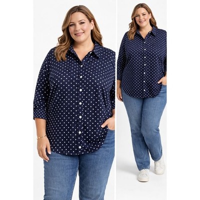 CHAPS RALPH LAUREN WOMEN'S NAVY BLUE POLKA DOT Contrast Cuff Sleeve SHIRT 2x