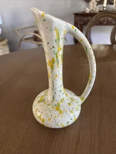 Vintage 1970 Hand Made Ceramic Drip Vase Speckled Pitcher Genie Bottle Handle