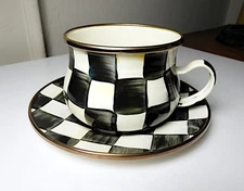Mackenzie Childs COURTLY CHECK Enamel Tea Cup & Saucer(s) Mint/Unused