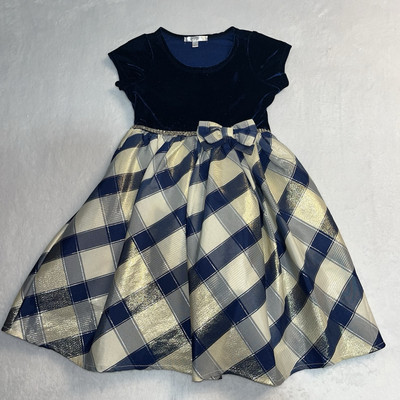 Tahara Girls Dress Size 5 Holiday Formal Dark Blue Velvet &Tulle Plaid Sparkles