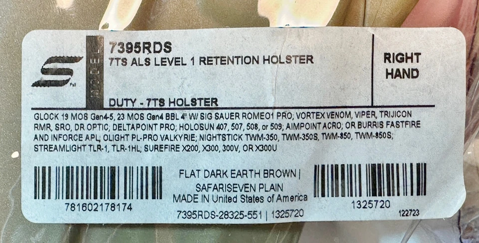 Safariland 7395RDS ALS RH FDE Duty Holster, GLOCK 19 (ALL GENS) w/ LIGHT & RDS - Image 2 of 4