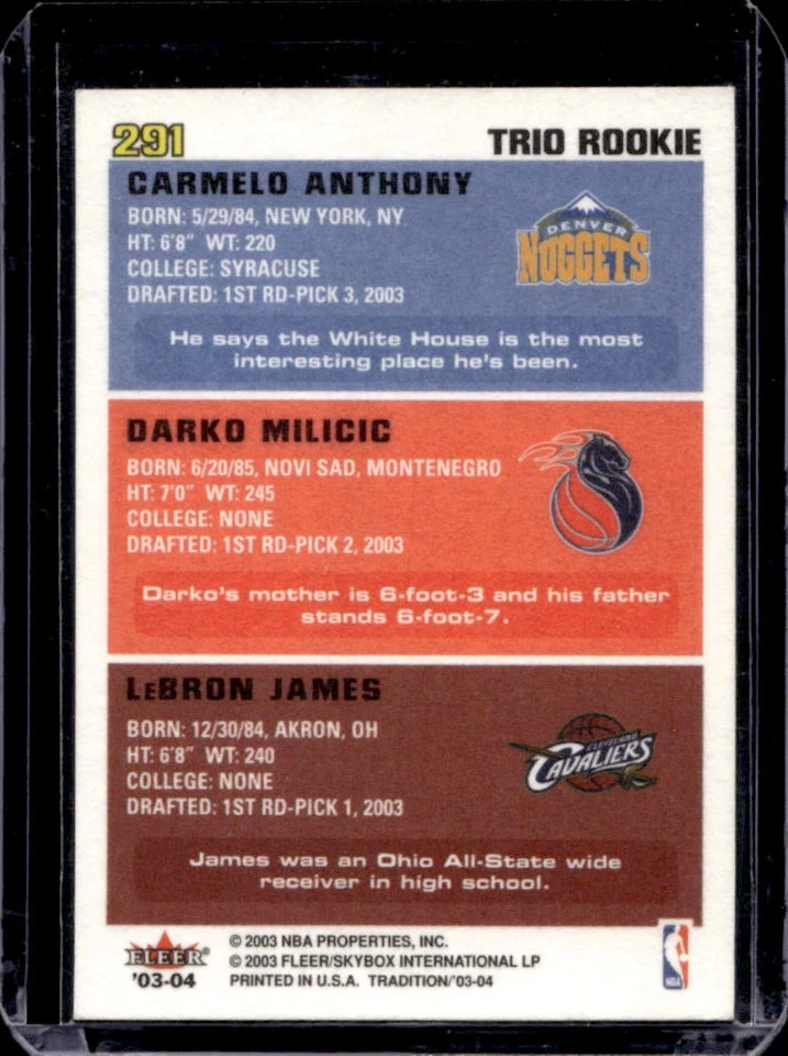 2003-04 Fleer Tradition LeBron James Darko Milicic Carmelo Anthony RC #291 USA - Image 2 of 2