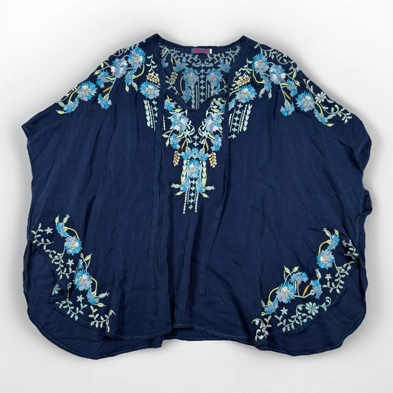 Johnny Was Embroidered Poncho Tunic Top Womens Size Small Navy Blue Floral