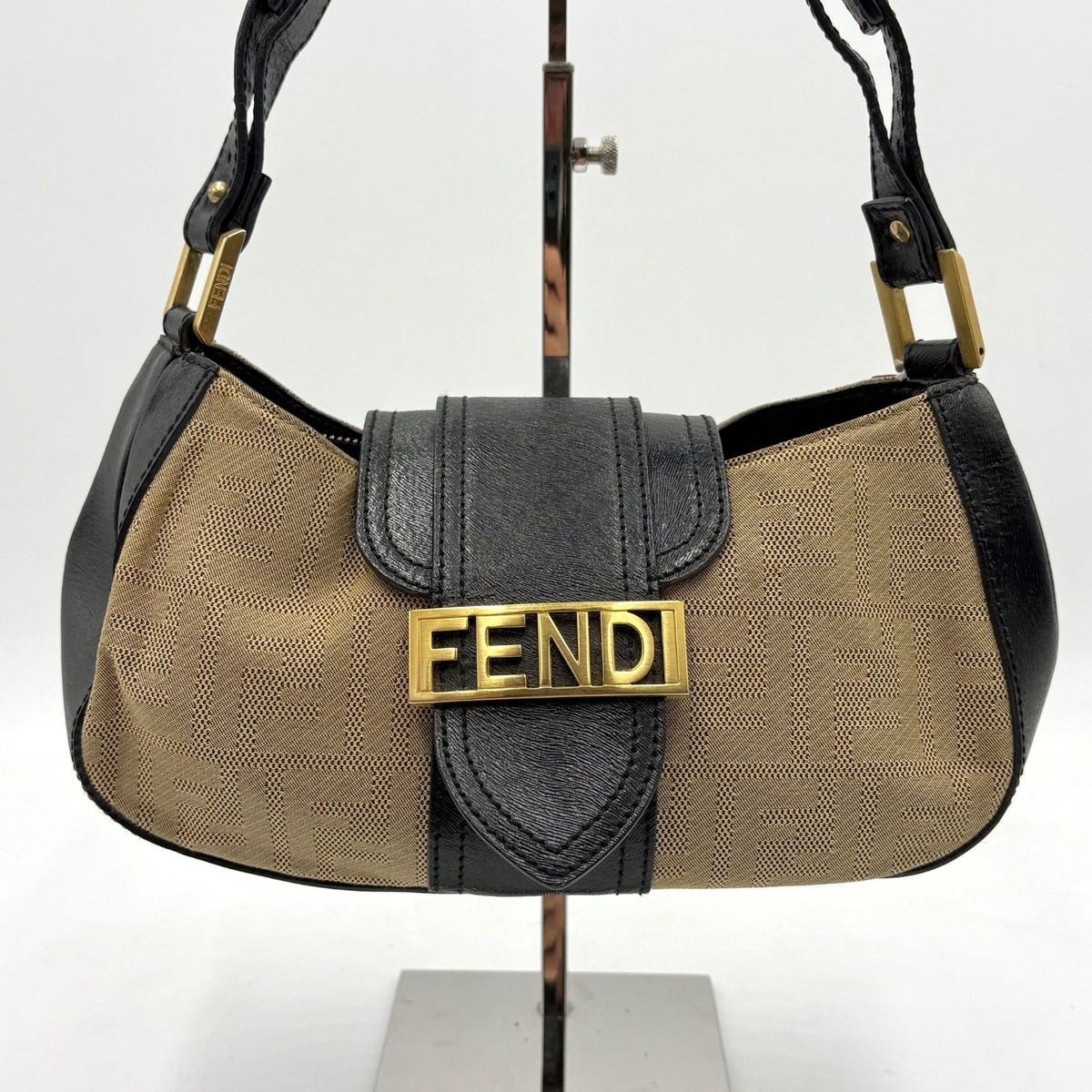 Auth Fendi Zucca Canvas Leather Shoulder Bag Hand Bag Gold Logo