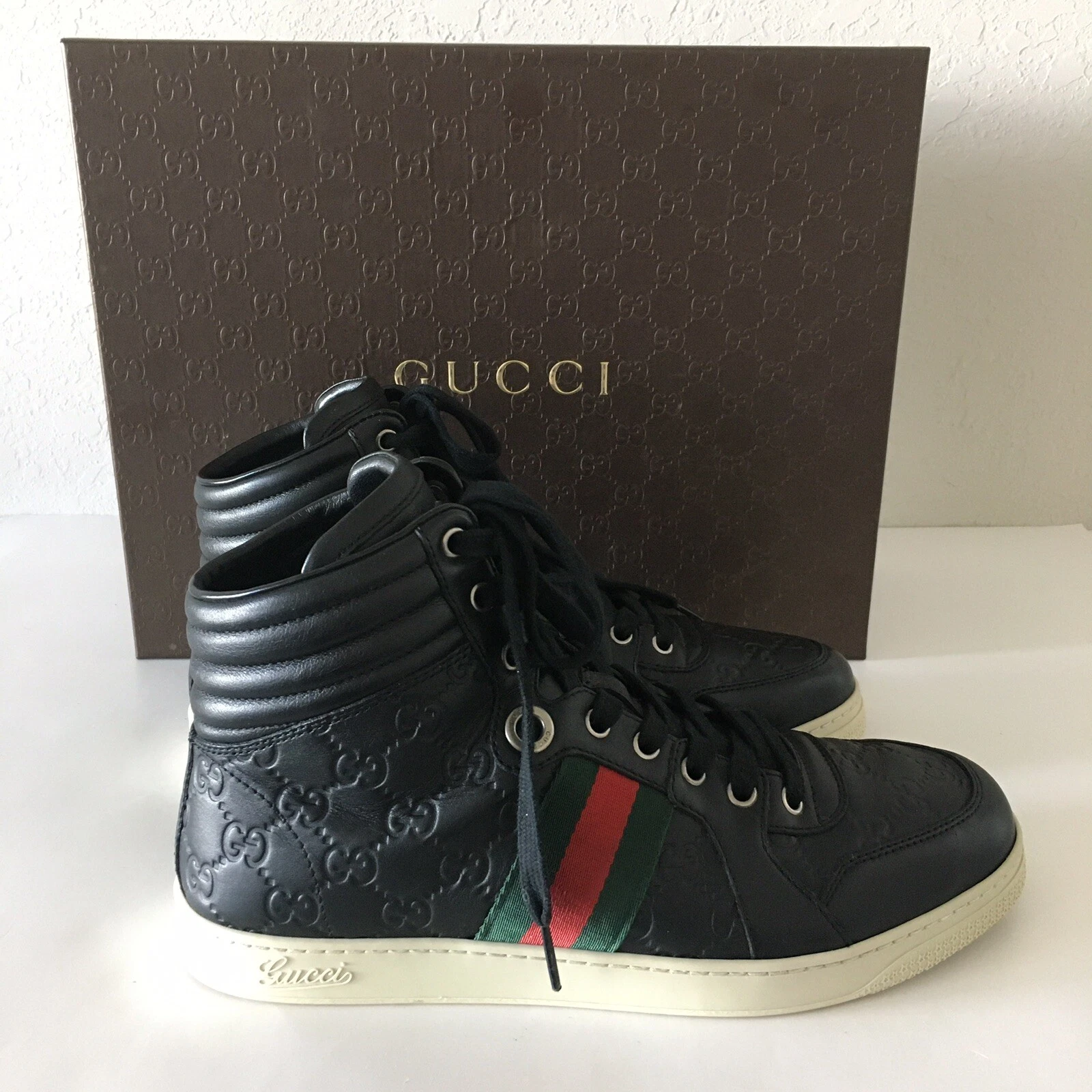 Gucci GG Guccissima Homme Baskets Chaussures Cuir Noir 221825 Taille 7,5