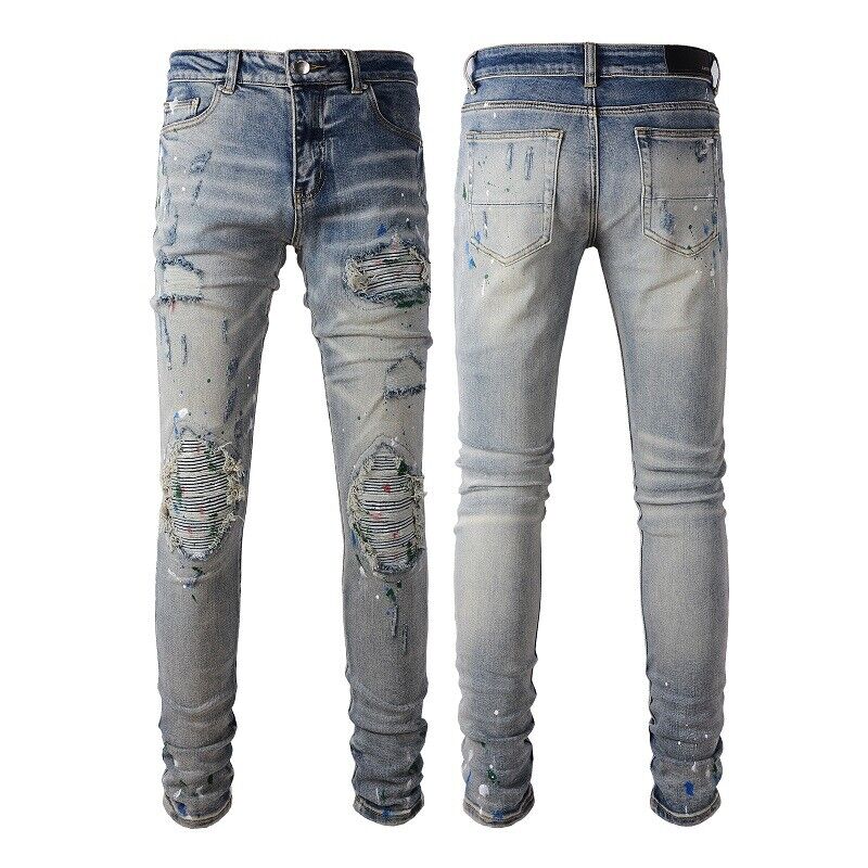 Men's Knee Pleated Patch Dazzle Paint dot Ripped Skinny fit Men's Knee Pleated Patch Dazzle Paint dot Ripped Skinny fit