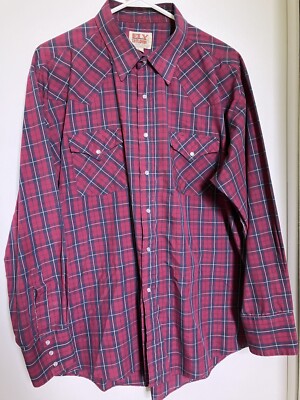 VINTAGE Ely Cattleman Sz XL Red Black Tan PLAID Western Pearl Snap SHIRT LS