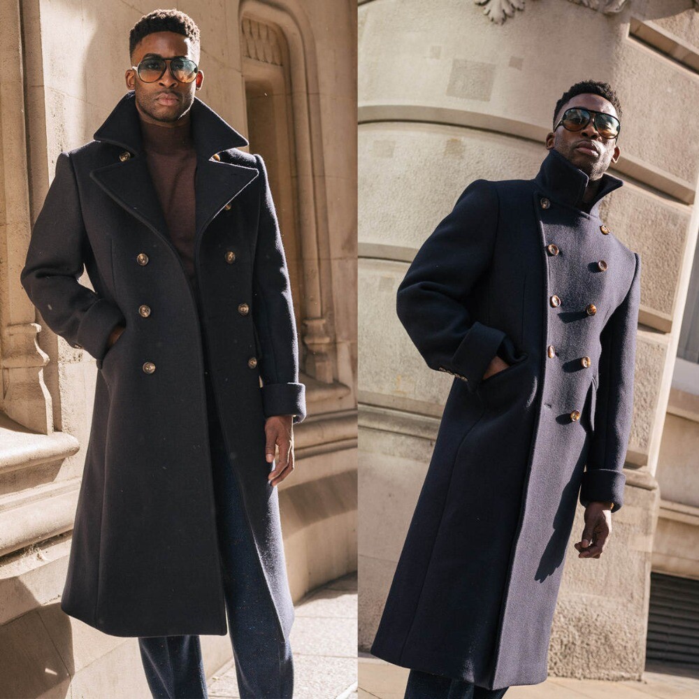Long Navy Blue Men's Coat Wool Blend Double Breasted for Winter