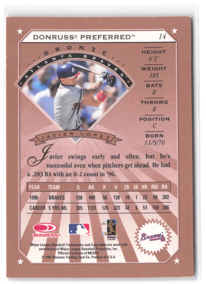 1997 Donruss Preferred Atlanta Braves Baseball Card #14 Javier Lopez (A) - Image 2 of 4
