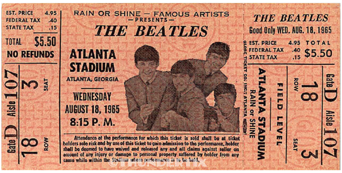 1 BEATLES UNUSED FULL CONCERT TICKET 1965 Atlanta, GA orange