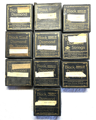 10 Vintage Black Diamond Guitar/Banjo String Boxes w/ 37 Asst. Strings READ