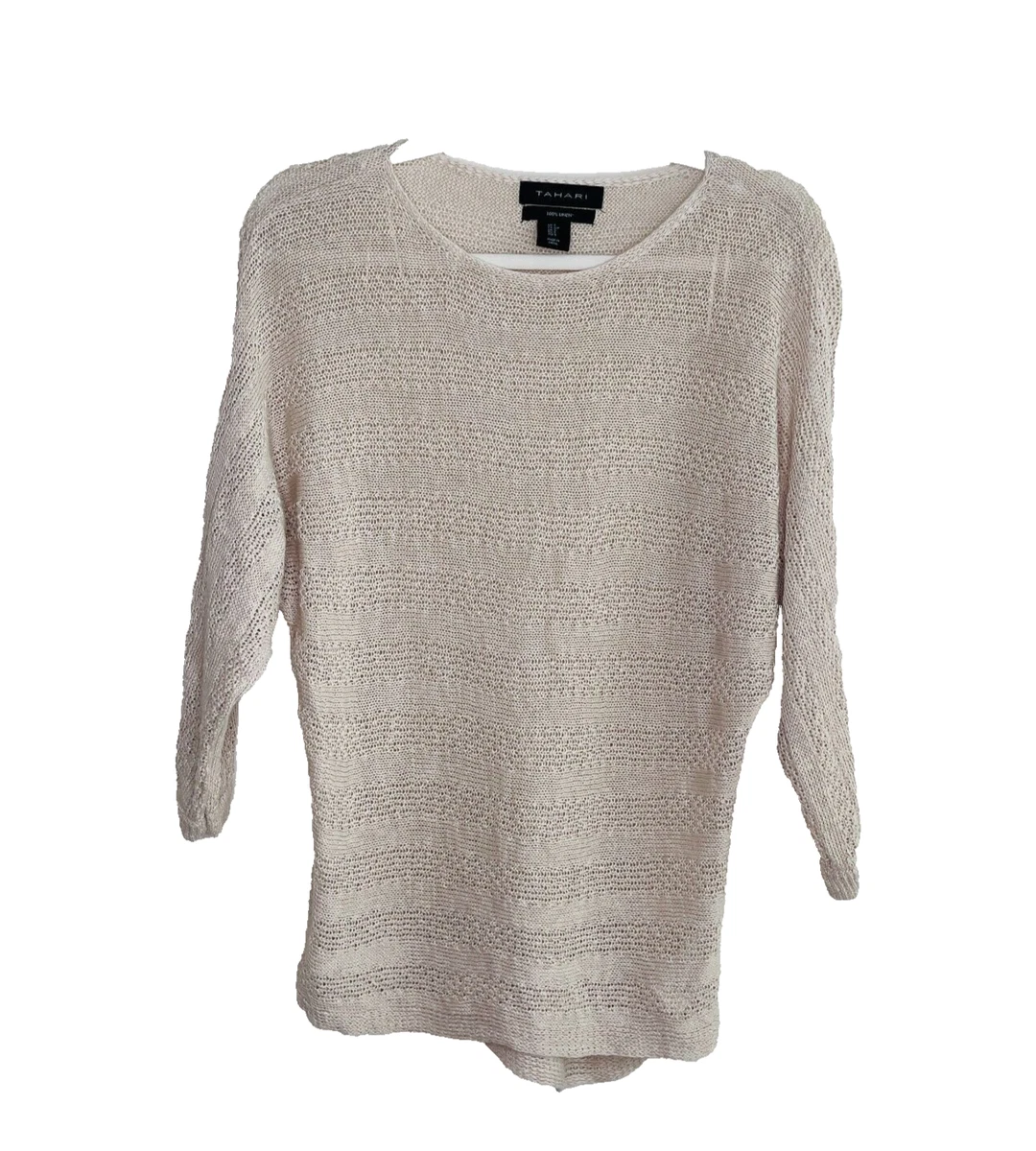 Tahari Womens 100 Linen Open Knit Dolman Sleeve Sweater Top Size