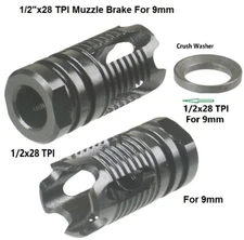All Steel Low Concussion Short Muzzle Brake Compensator 1.5" 1/2x28 TPI For 9mm