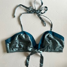 Fredericks Of Hollywood Blue Satin Mesh Halter Bralette Bra Bow Wireless Size L