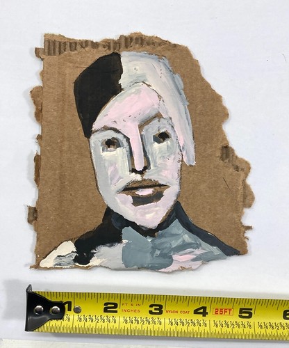 Outsider Art Quirky Woman Portrait Painting Torn Cardboard Black White Hair - Picture 2 of 13