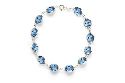 Solid 925 Sterling Silver 10MM Lavender Crystal Evil Eye Charm Bracelet - 7.5''