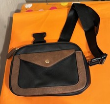 Black Brown Faux Leather Fanny Pack Front Pocket 2 Zip Pouches 9.5x7.5x1.5  NIB