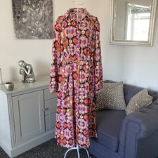 Pink Orange Abstract Paisley Collared Long Sleeve Belted Midi Shirt Dress 10-12
