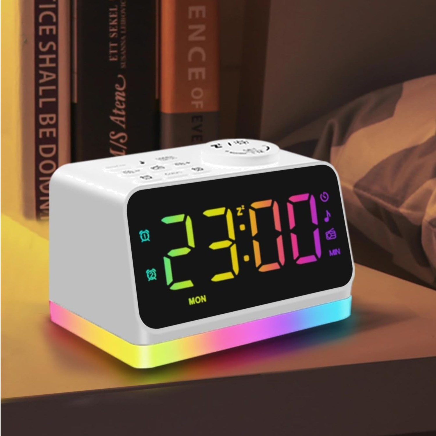 Stylish Digital Alarm Clock with FM Radio and 8-Color Night Light for Bedrooms