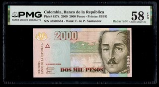 Colombia 2009 2000 Pesos P#457k Radar S/N 45500554 PMG Choice About UNC 58