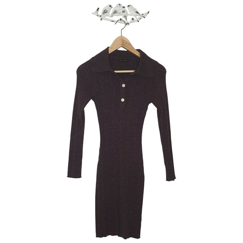 Women's 'Ghanda' Size S Brown Long Sleeve Collared Casual Stretchy Knitted Dress