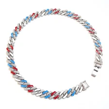Silver, Red White & Blue Iced-Out Tilted Cuban Link Chain Gem Necklace (20"-28")