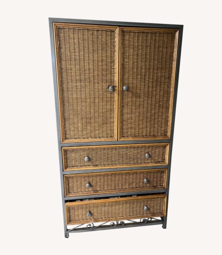 Pier 1 Miranda Wooden Wicker Steel Armoire Cabinet Three Drawers