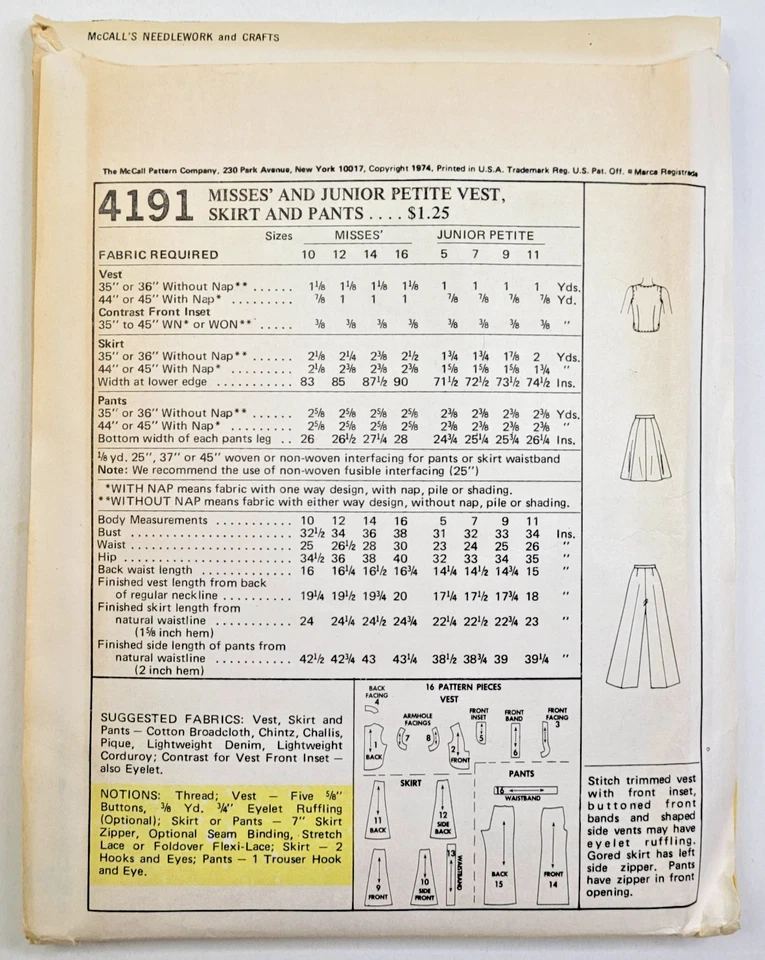VTG 70s McCalls Sew Pattern 4191 Misses Vest Gored Skirt Pants Sz 12 PARTIAL CUT - Image 2 of 3