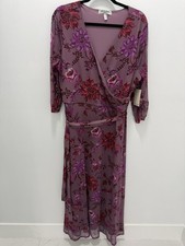 Harlow & Rose Floral Faux Wrap Midi Dress Pink Purple Mesh Overlay 3x NWT