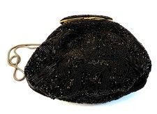 Vintage Black Beaded Evening Handbag Purse with Long Gold Tone Chain