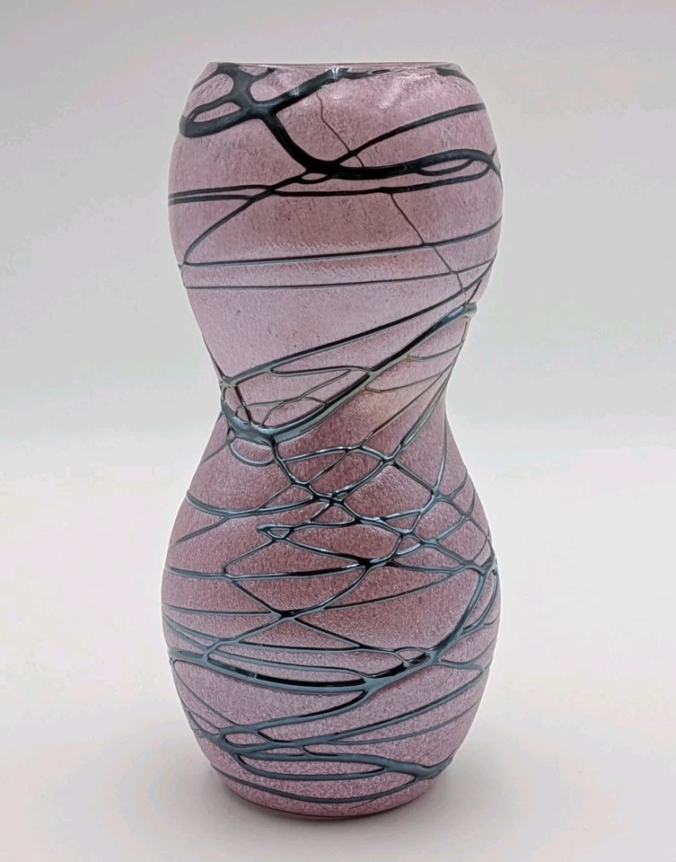 Art Glass Threaded Spots and Thread Purple Hand Blown Glass Vase Hourglass Shape - image 2 of 4